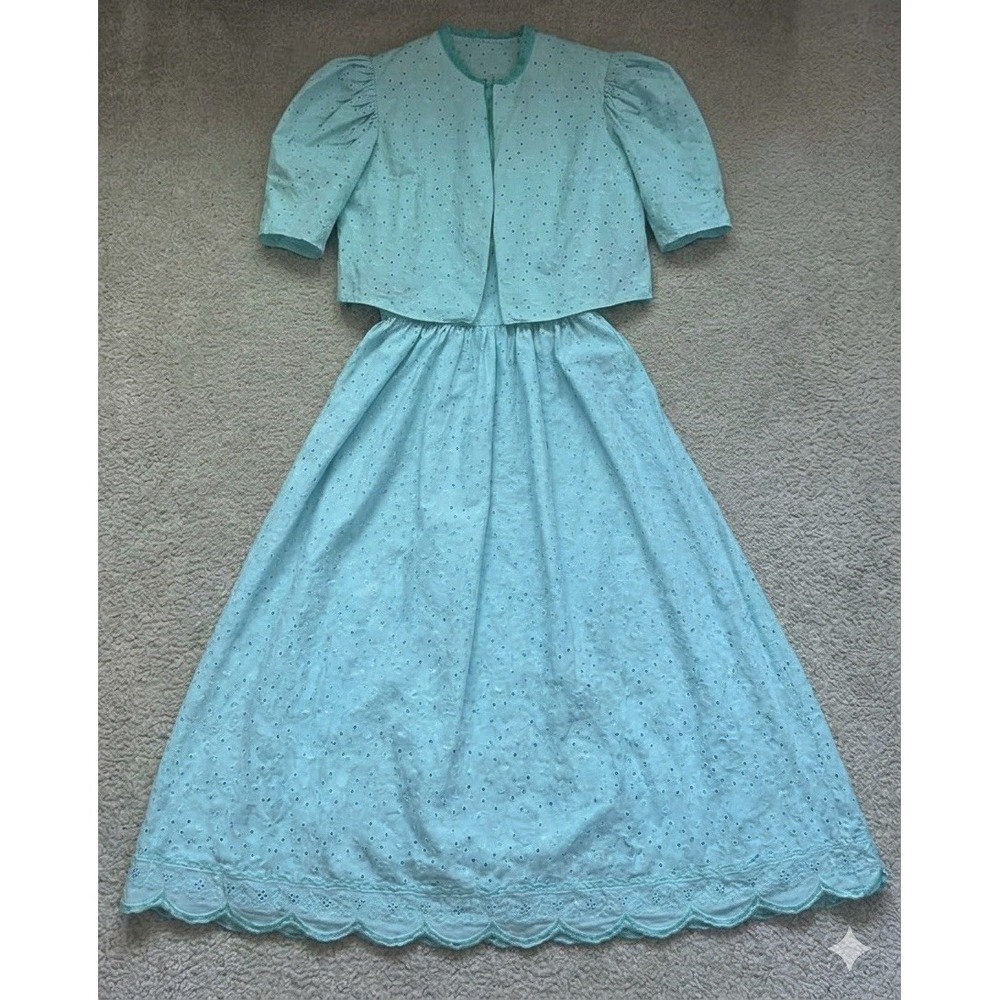 VTG Eichsfelder Turquoise Eyelet Lace Dress Capelet Cottagecore Midi Set M